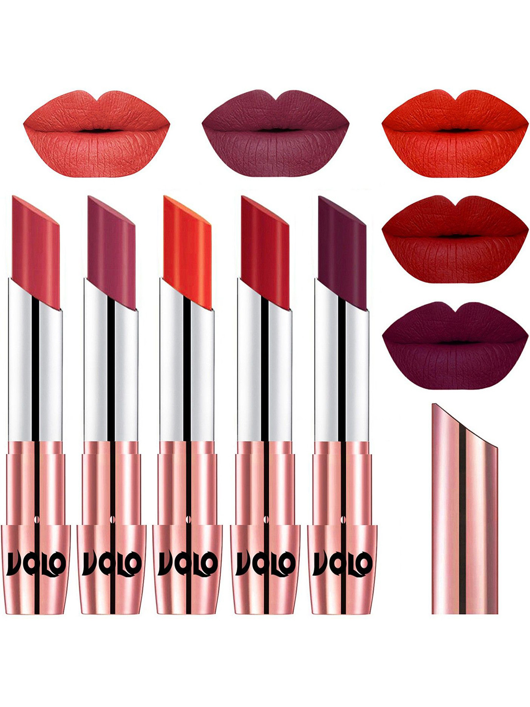 VOLO Set Of 5 Creme Matte Lipstick-Peach 33-Rose Pink38-Coral 39-Tomato Red 40-Wine 47