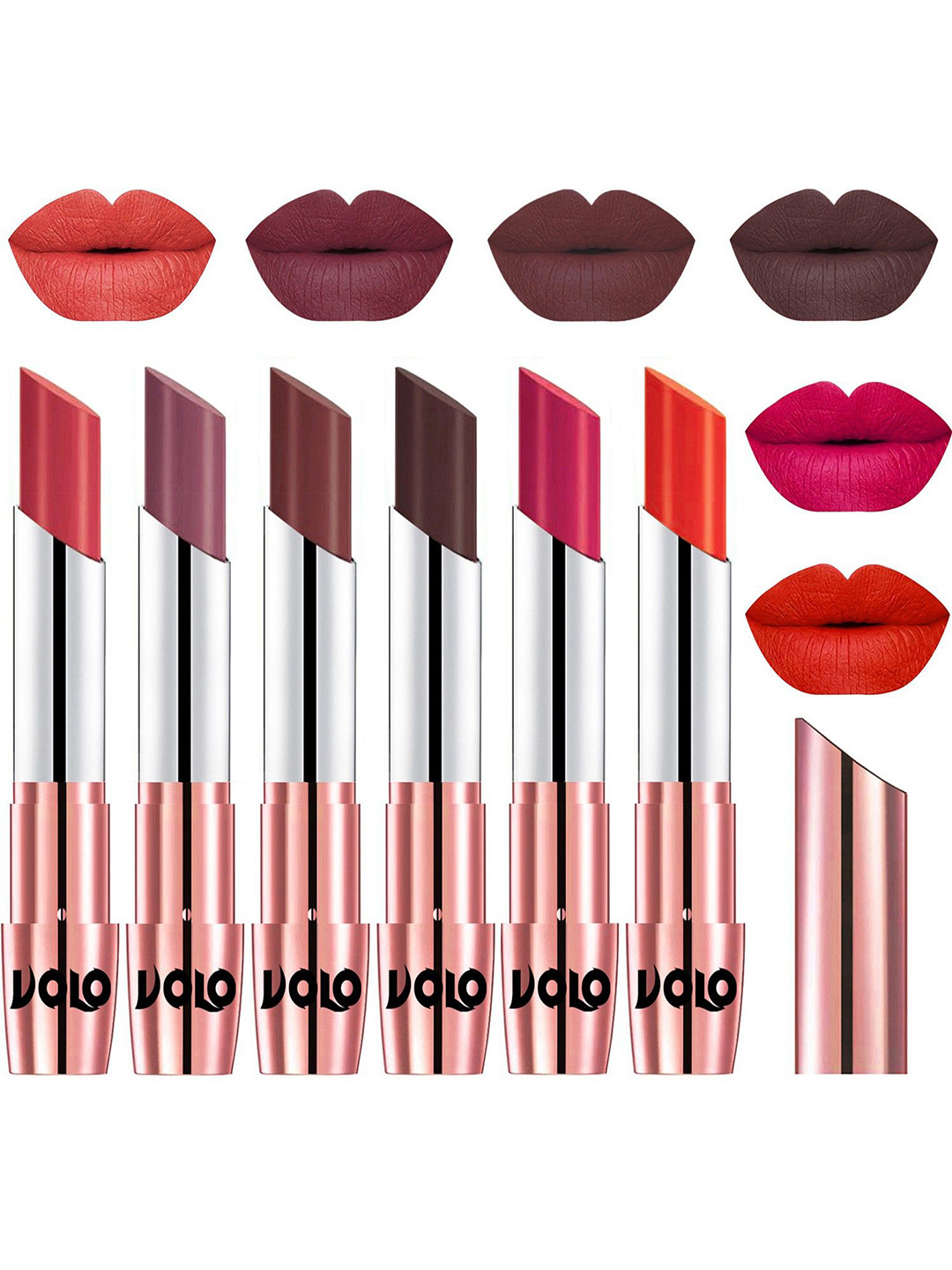 VOLO Set Of 6 Creme Matte Lipsticks 3.5 g - Peach-Plum-Coffee-Chocolate-Passion Pink-Coral