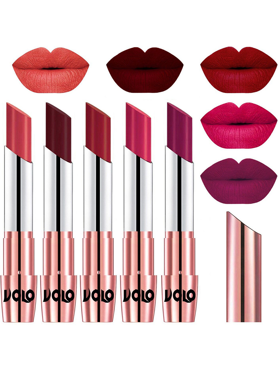 VOLO Set Of 5 Creme Matte Lipsticks-Peach 33-Maroon 42-Red 43-Passion Pink 44-Magenta 45