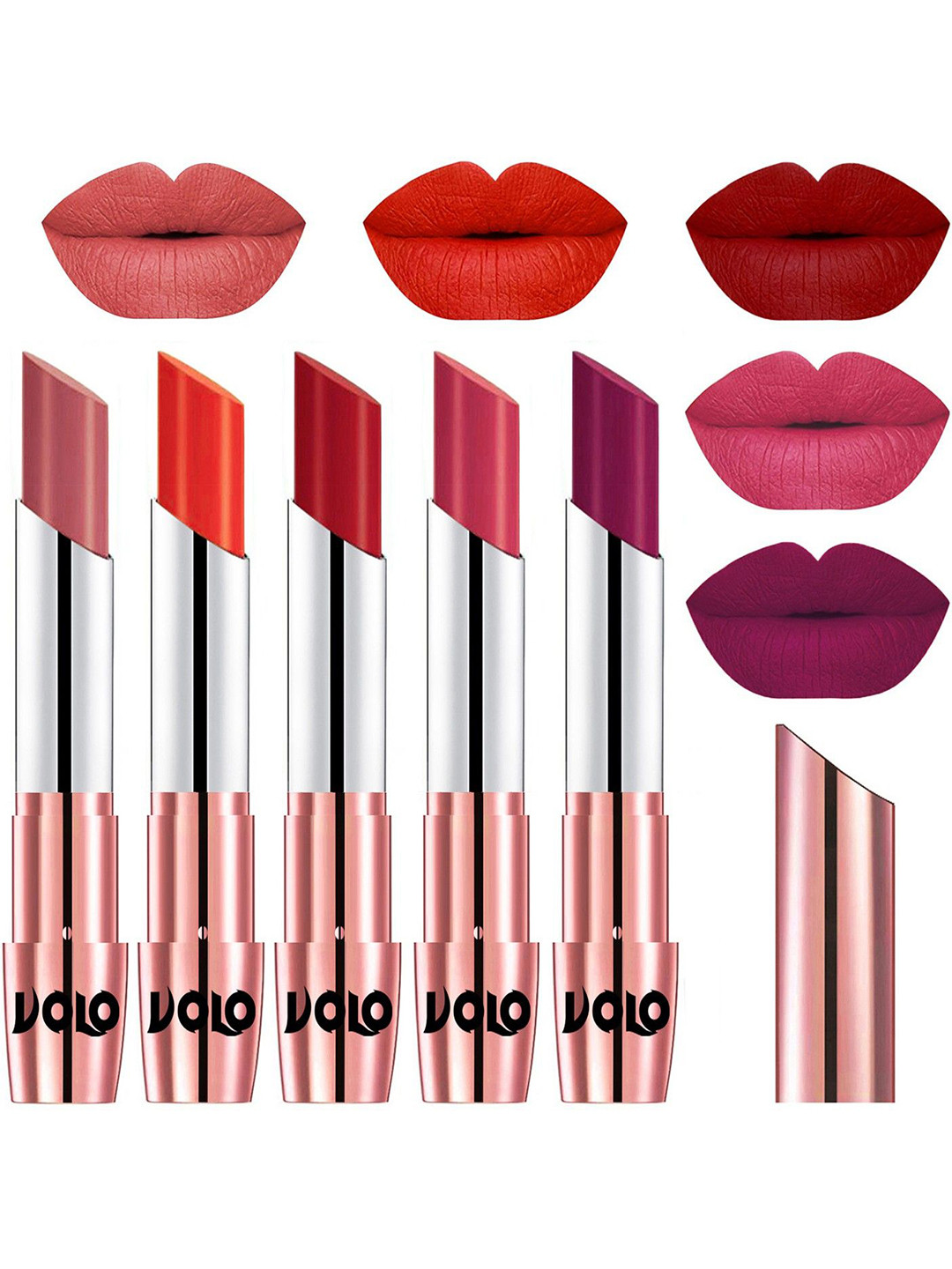 VOLO Set Of 5 Creme Matte Lipstick-3.5g Each-Light Peach- Coral- Tomato Red- Pink- Magent