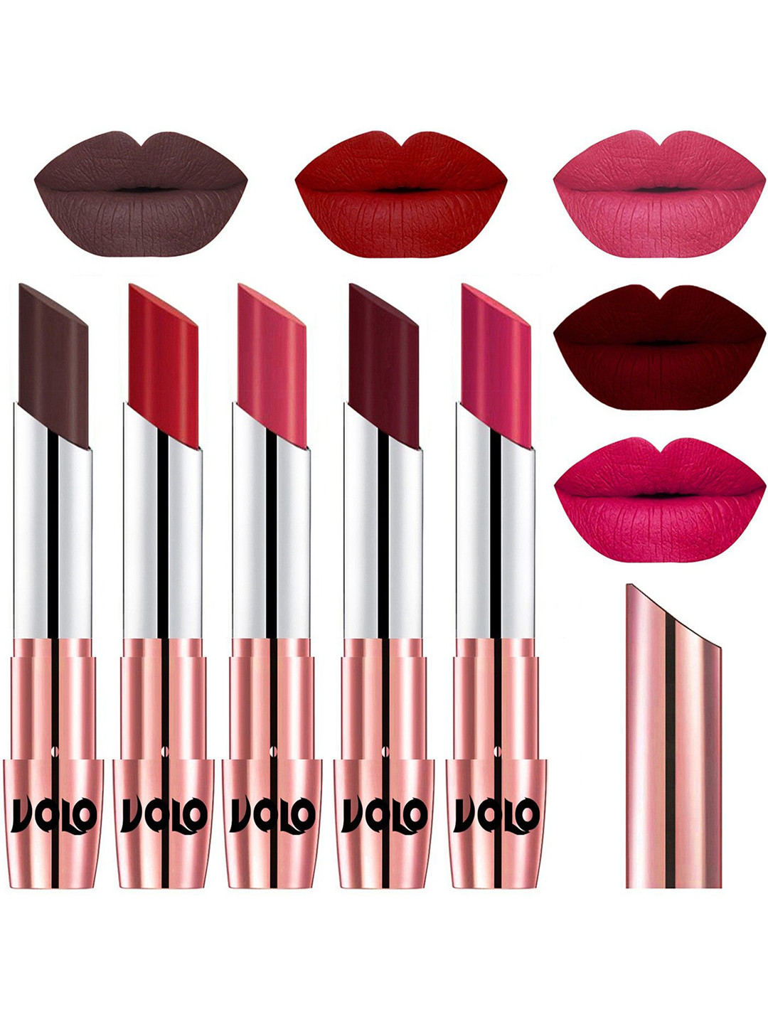 VOLO Set Of 5 Creme Matte Lipstick-Chocolate -Tomato Red -Pink-Maroon -Passion Pink