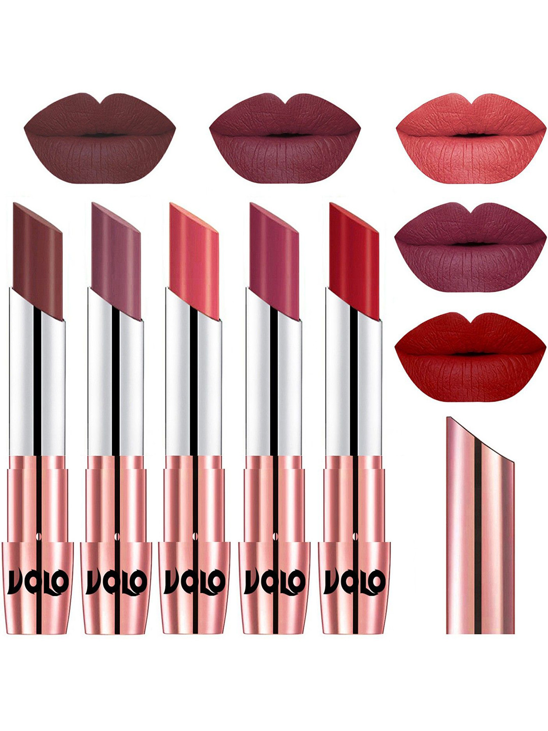 VOLO Set Of 5 Matte Lipsticks -Coffee 34-Plum 36-Dark Peach 37-Rose Pink 38-Tomato Red 40