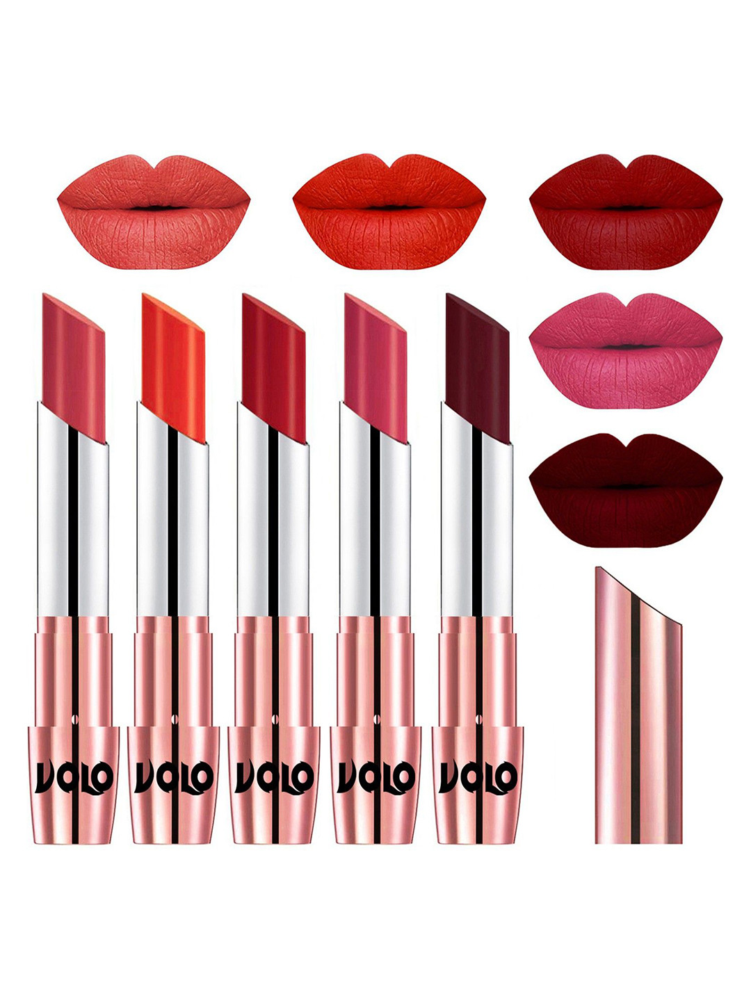 VOLO Set Of 5 Creme Matte Lipstick-3.5g Each-Peach- Coral- Tomato Red- Pink-Maroon