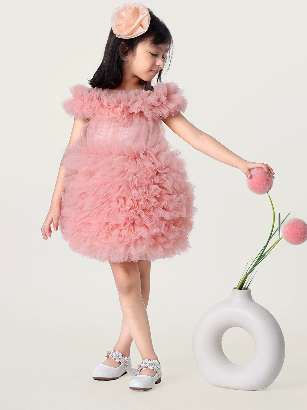 Foreverkidz Girls Flutter Sleeve Net A-Line Ruffle Dress