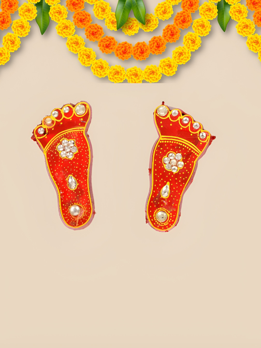 BAISA Red 2 Piece Wooden Charan Paduka Festive Decor