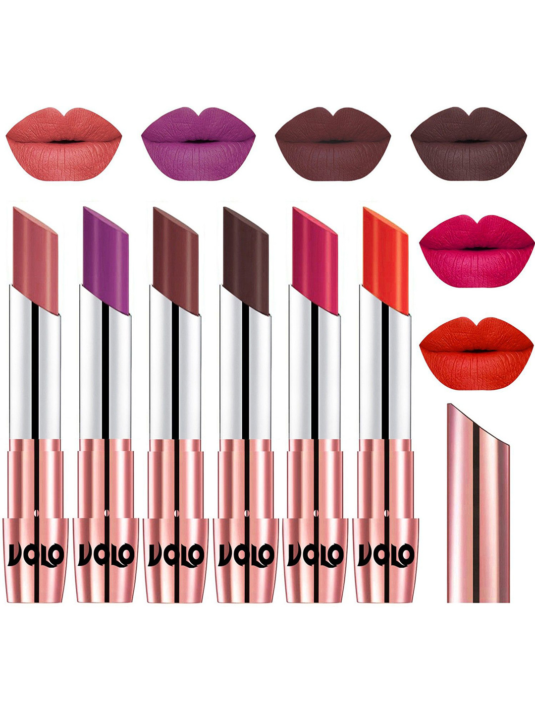 VOLO Set Of 6 Creme Matte Lipstick-LightPeach7-Purple8-Coffee9-Chocolate-PassionPink-Coral