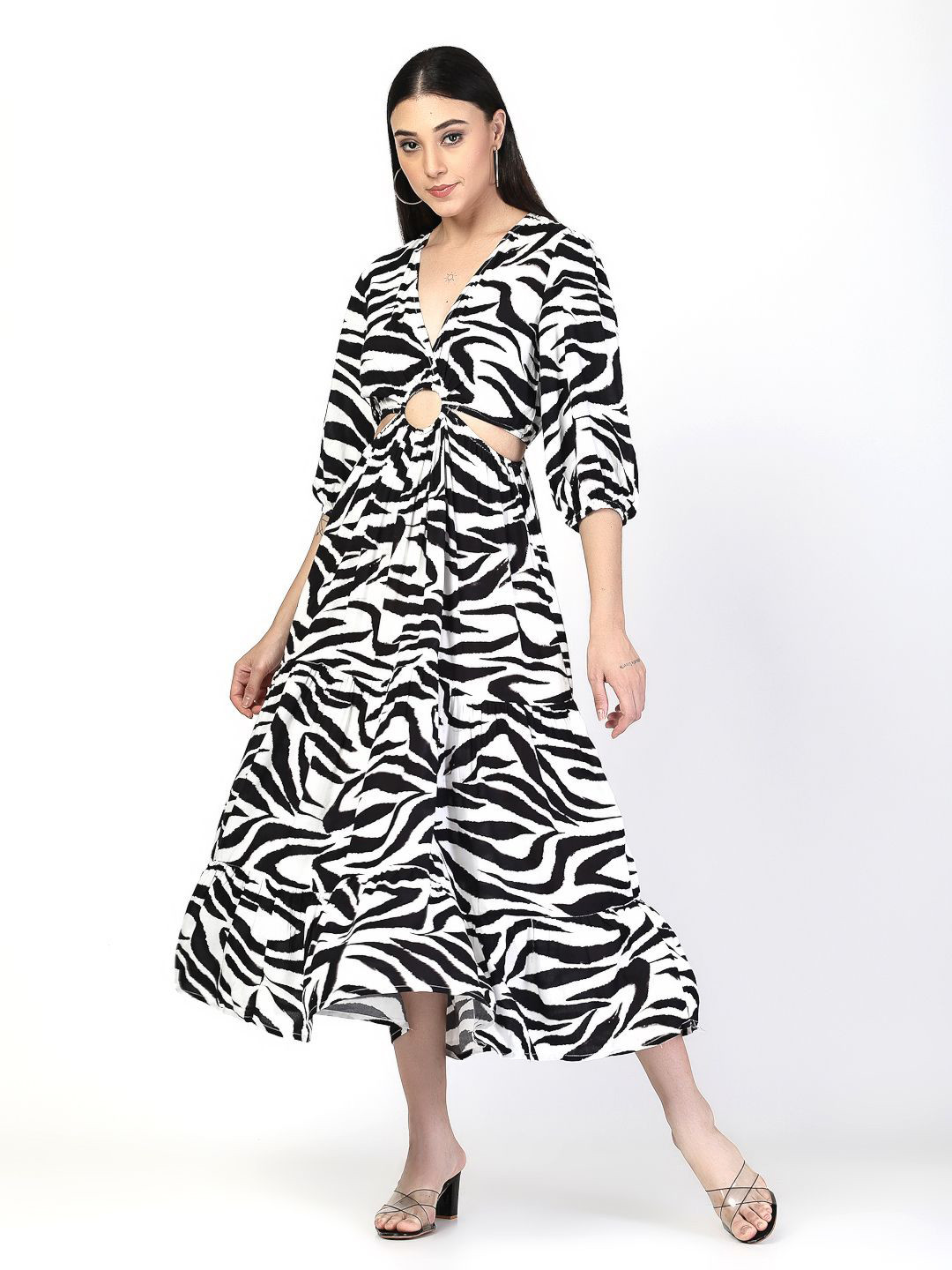 COSMIC TRIO Printed Fit & Flare Midi Dress