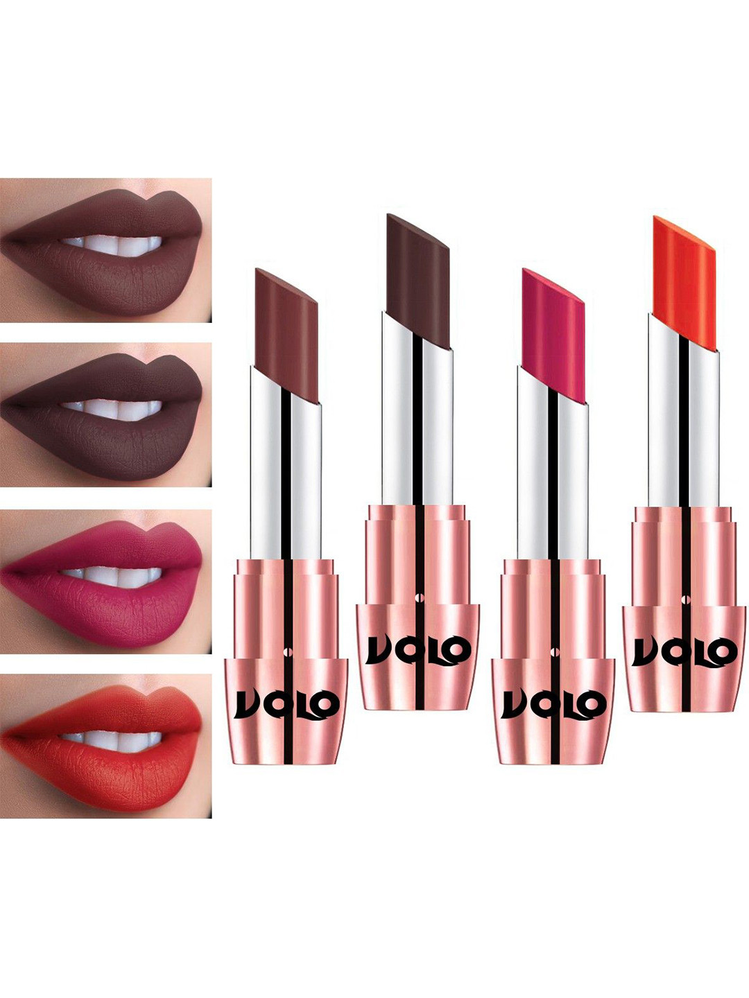 VOLO Set Of 4 Creme Matte Lipstick 3.5g Each -Coral-Coffee-Passion Pink-Chocolate
