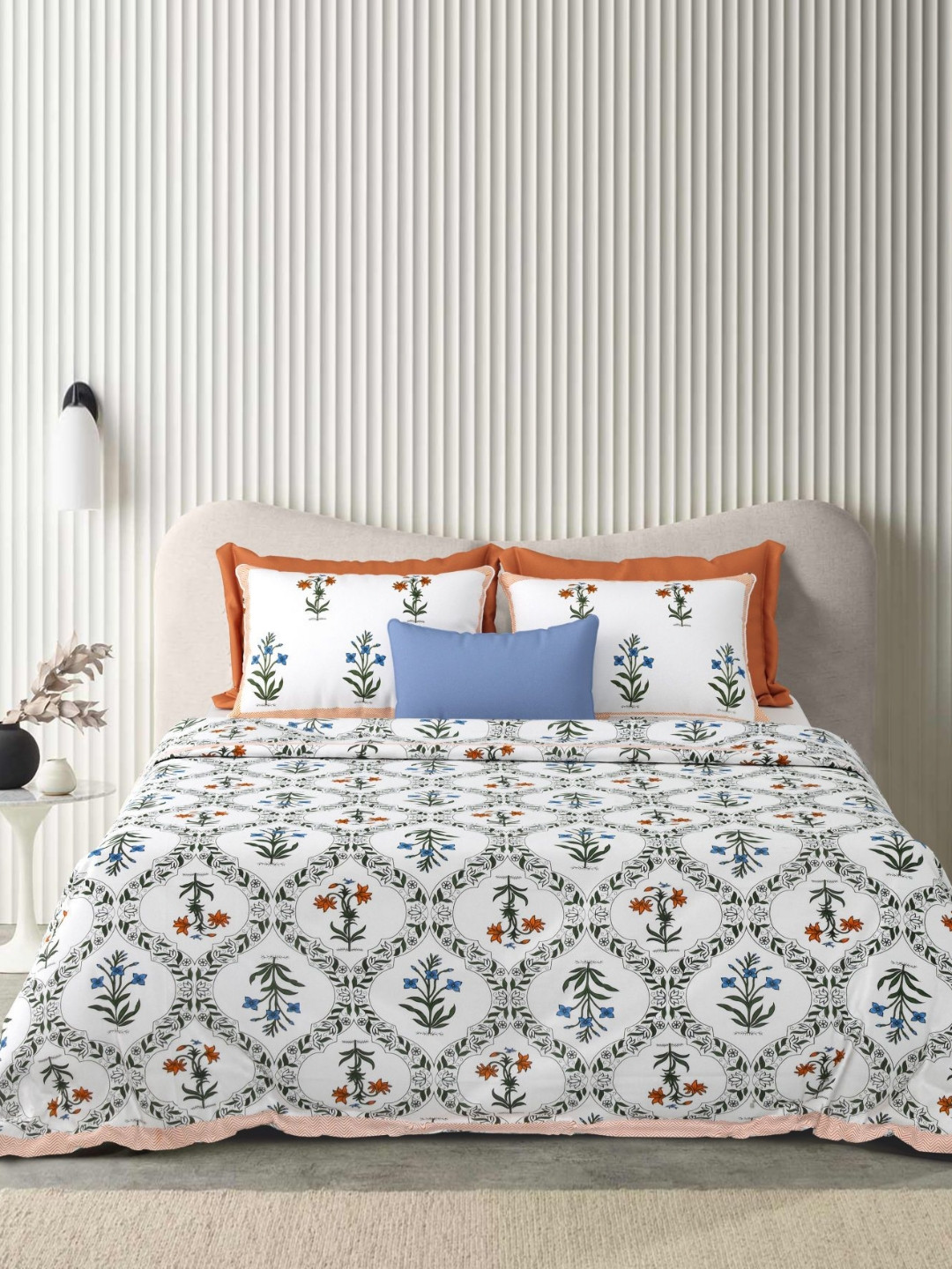 Urban Jaipur Jaipuri Print White Floral Cotton 210 TC King Fine Bedsheet with 2 Pillow Covers-108 x 90 inches