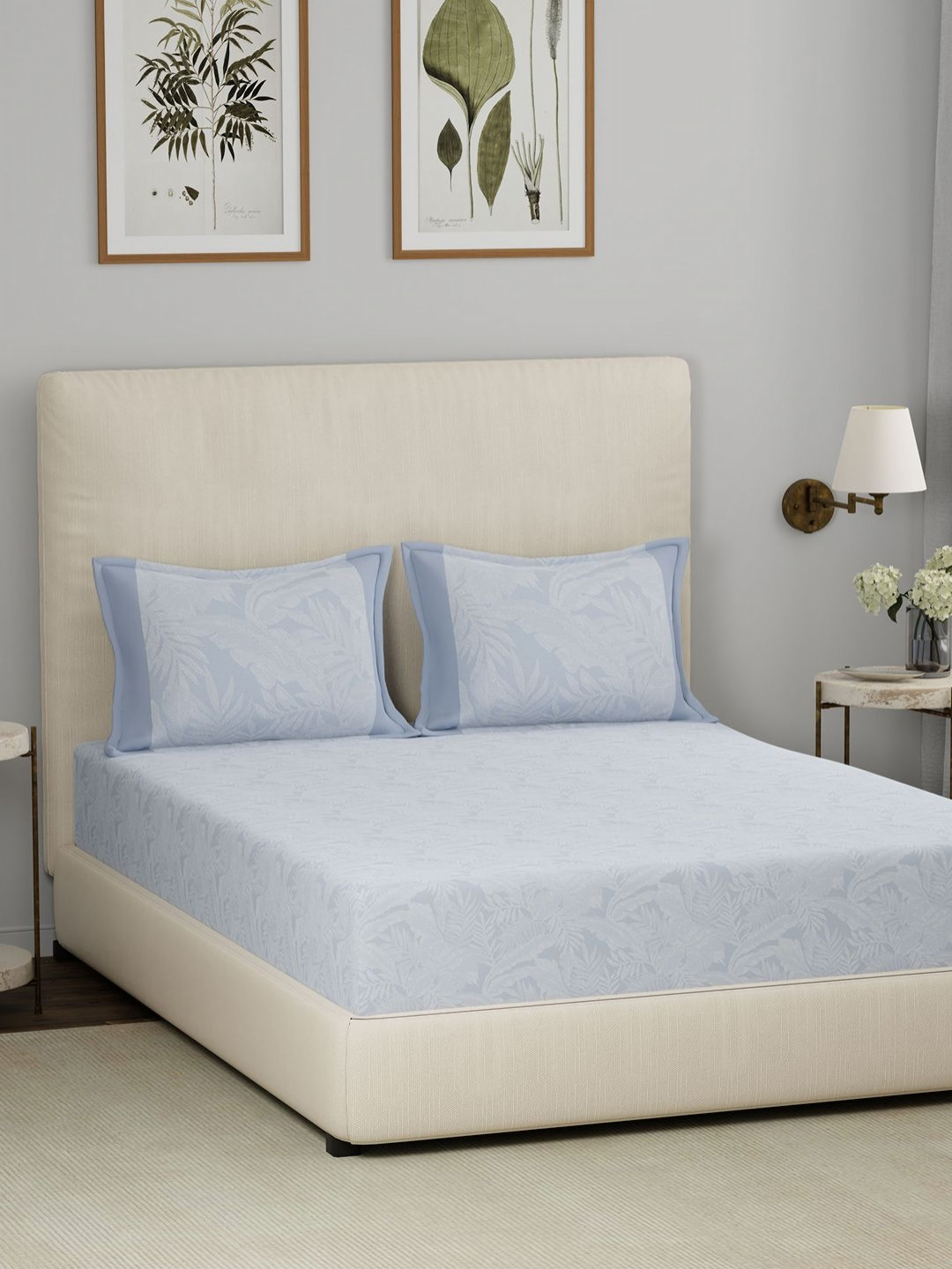 MASPAR Eclectic Garden Blue Leaf Pure Cotton 210 TC King Fine Bedsheet with 2 Pillow Covers-108 x 108 inches