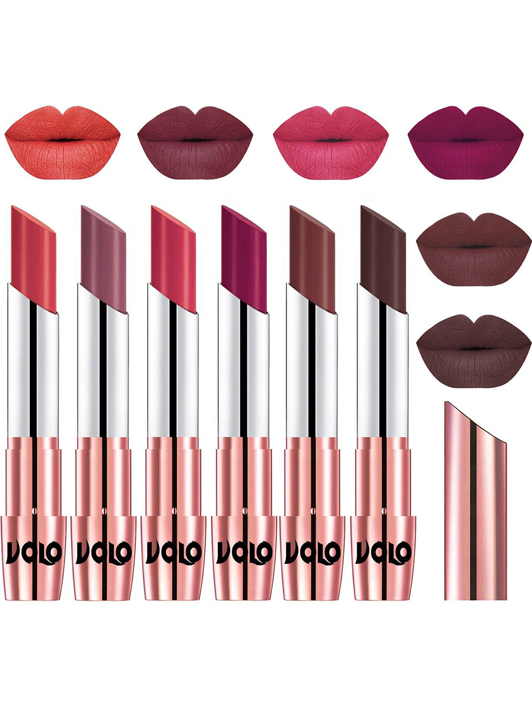 VOLO Set Of 6 Creme Matte Lipstick-Peach-Plum-Pink-Magenta-Coffee-Chocolate