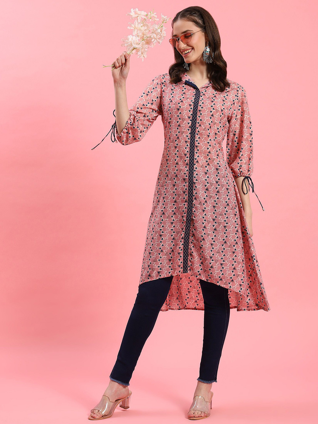 Shree Geometric Printed Shirt Collar High-Low A-Line Kurta
