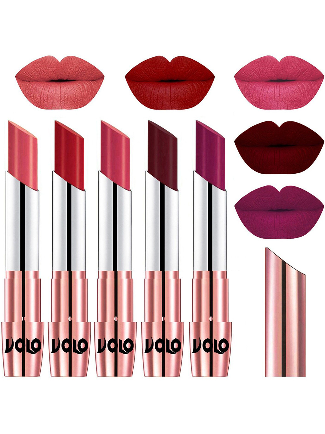 VOLO Set Of 5 Creme Matte Lipstick-3.5g Each-Dark Peach-Tomato Red-Pink-Maroon-Magenta