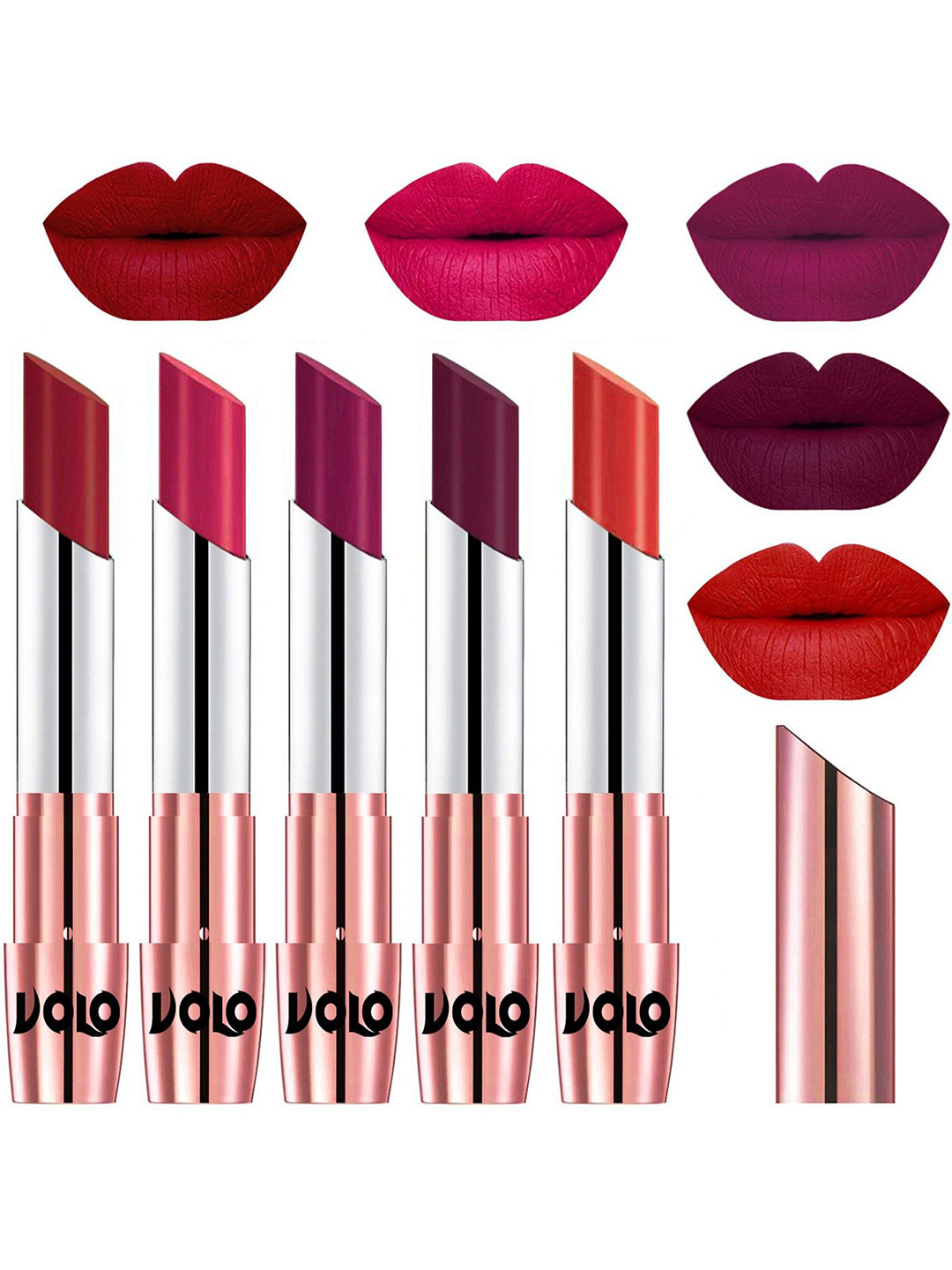VOLO Set Of 5 Creme Matte Lipstick-  Red 43-Passion Pink 44- Magenta 45- Wine 47-Orange 49