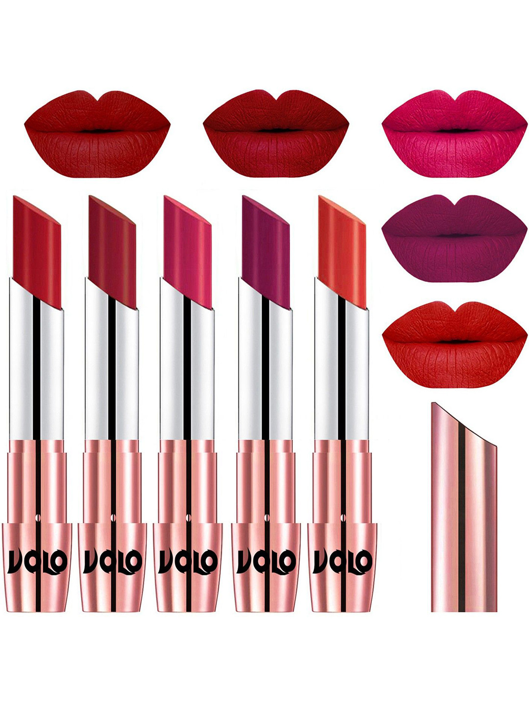 VOLO Set Of 5 Creme Matte Lipstick-Tomato Red-40-Red43-Passion Pink44- Magenta45- Orange49