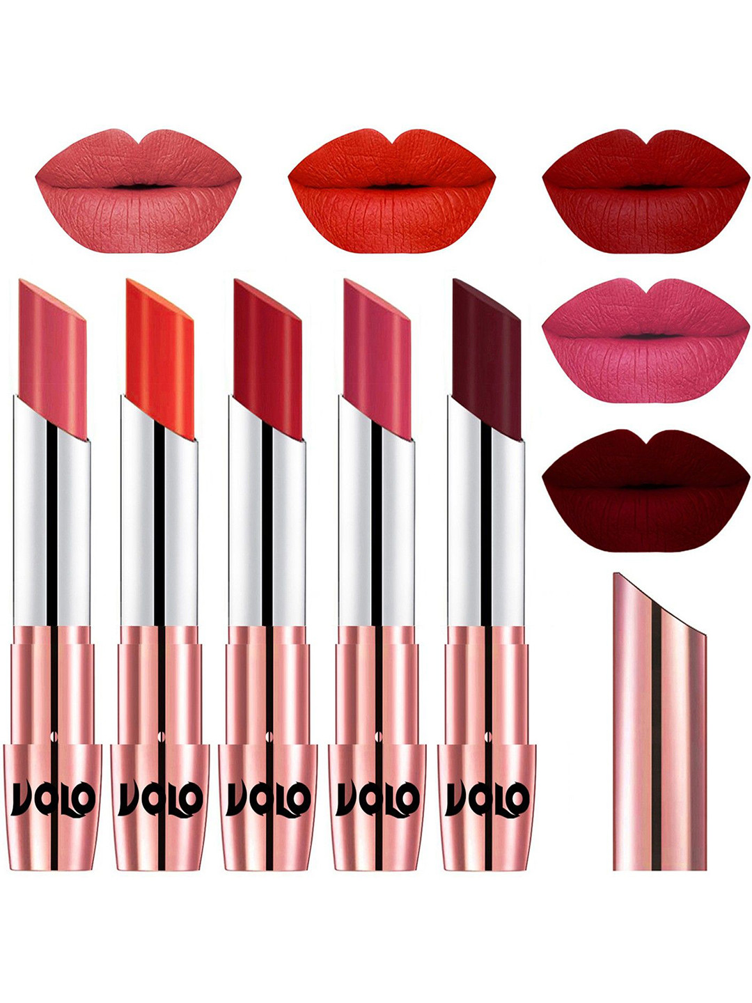 VOLO Set Of 5 Creme Matte Lipstick-Dark Peach-Coral-Tomato Red-Pink-Maroon