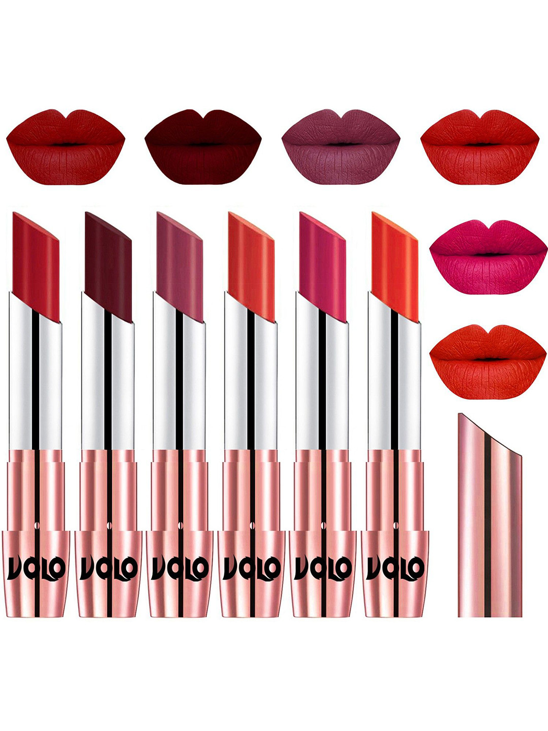 VOLO Set Of 6 Creme Matte Lipstick-Tomato Red-Maroon-Cherry-Orange-Passion Pink-Coral