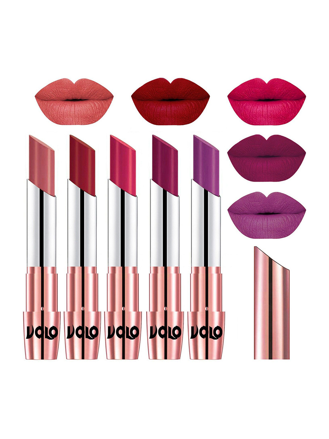 VOLO Set Of 5 Creme Matte Lipstick 3.5g Each - Light Peach-Red-Passion Pink-Magenta-Purple