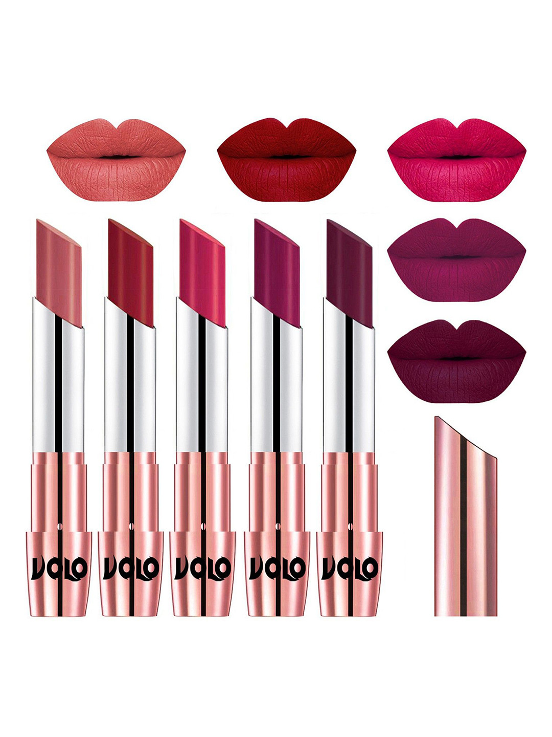 VOLO Set Of 5 Creme Matte Lipstick 3.5g Each - Light Peach-Red-Passion Pink-Magenta-Wine