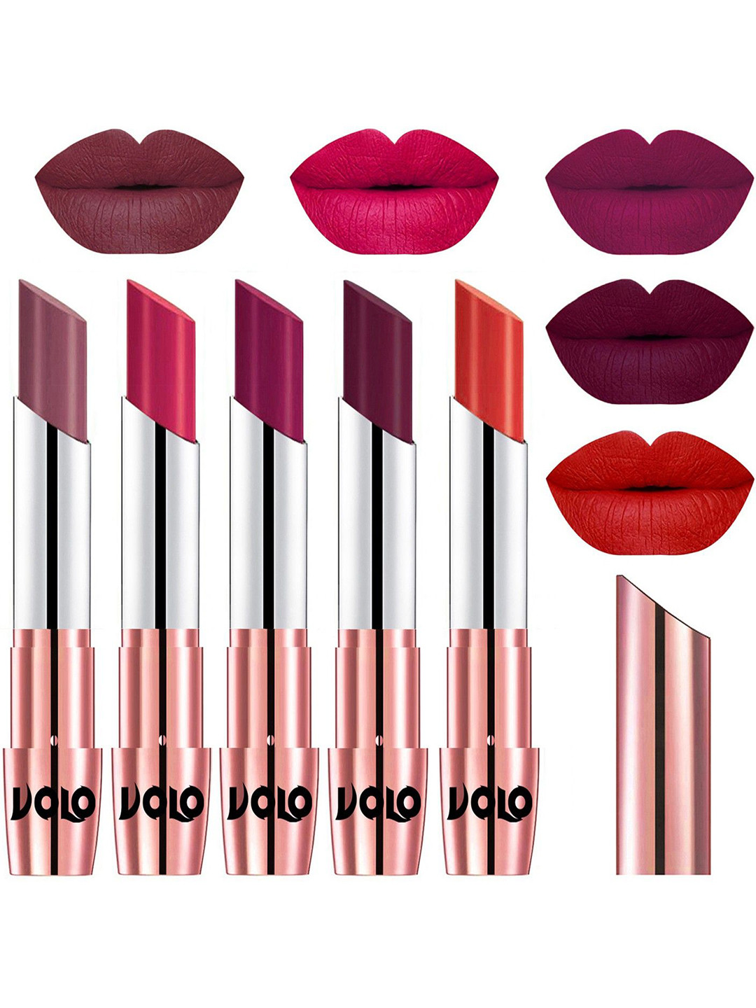 VOLO Set Of 5 Creme Matte Lipstick-Plum- Passion Pink- Magenta-Wine-Orange