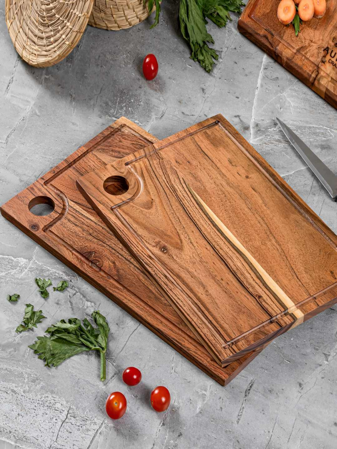 Aurum Crafts Brown 2 Pieces Rectangular Acacia Wooden Cutting Boards