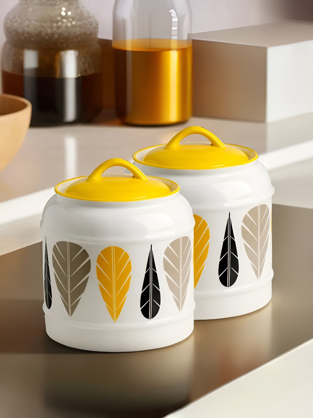UMAI White 2 Pieces Leaf Design Printed Ceramic Core Container With Lid-2.5L