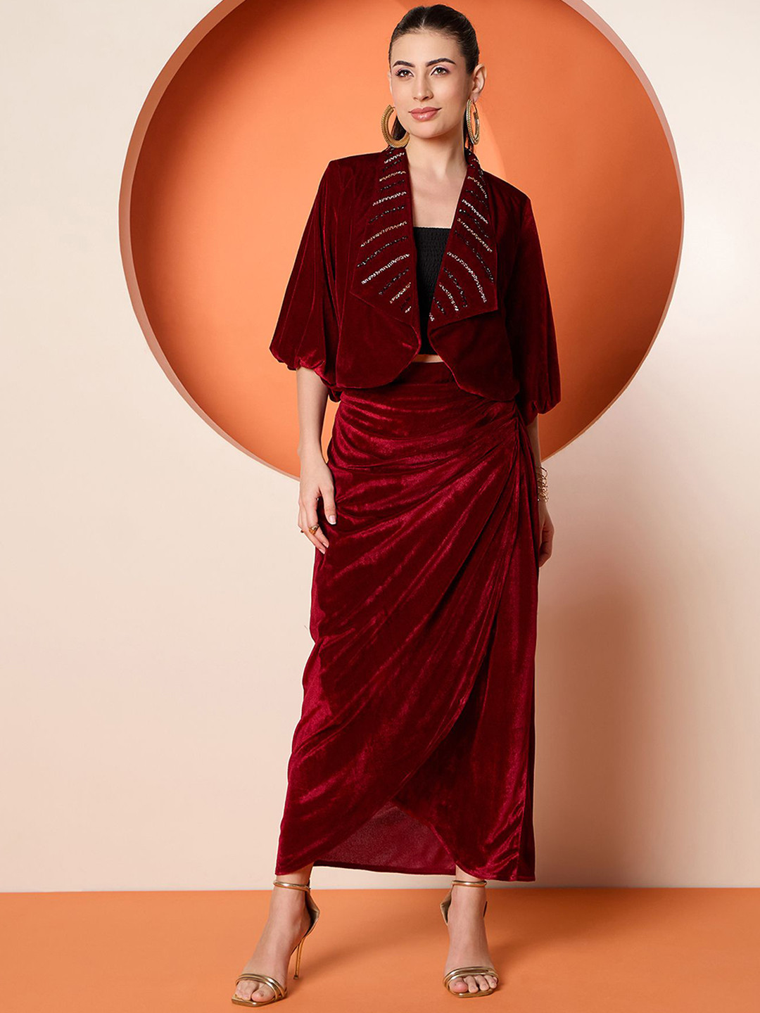 Antheaa Women Embellished Velvet Top & Skirt Co-Ords
