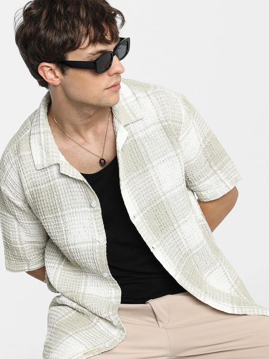 Campus Sutra Men Comfort Buffalo Checked Oversized Crochet Shirt