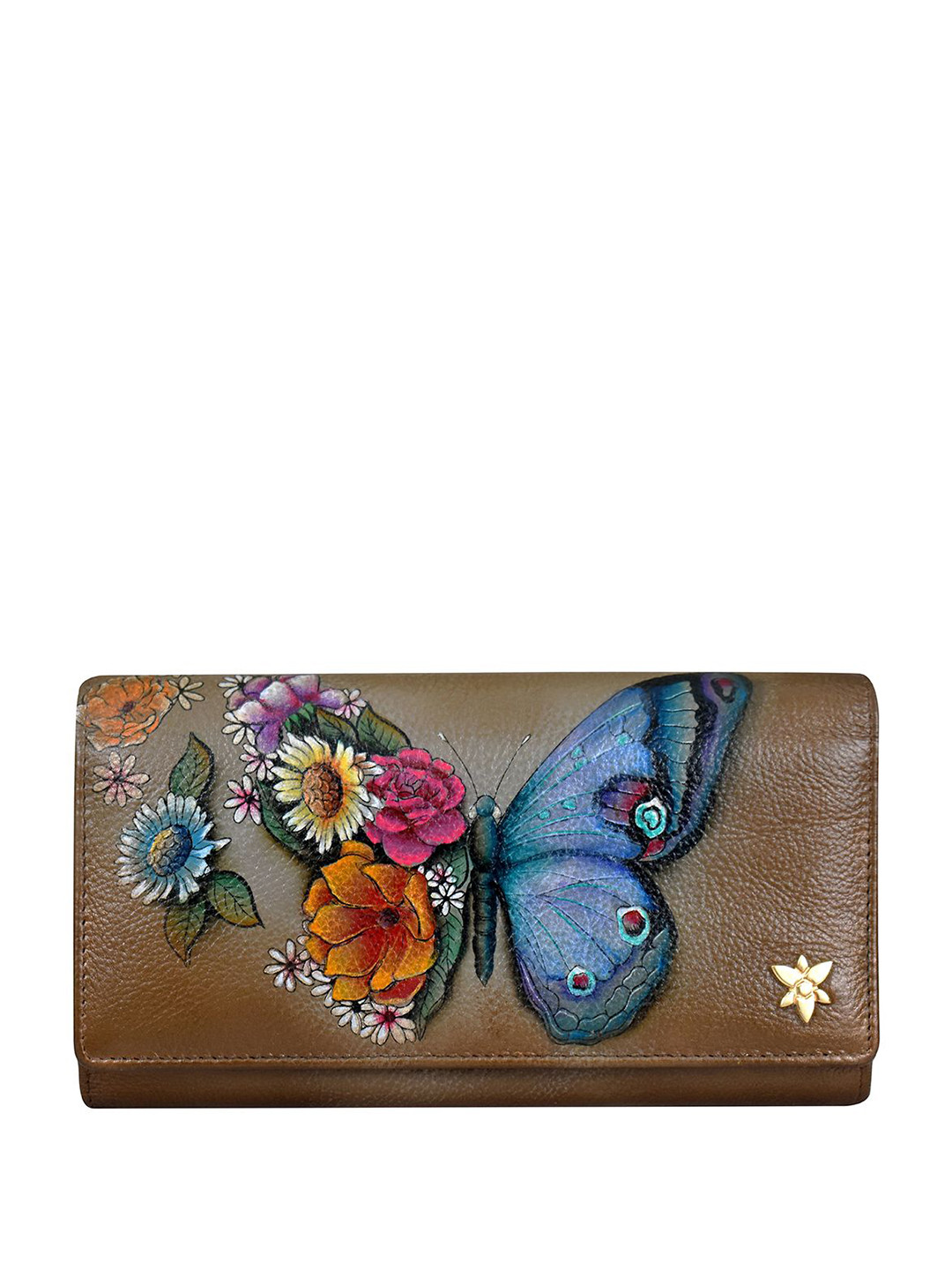 Anuschka Women Butterfly Blooms Bronze Handpainted Leather Three Fold Wallet