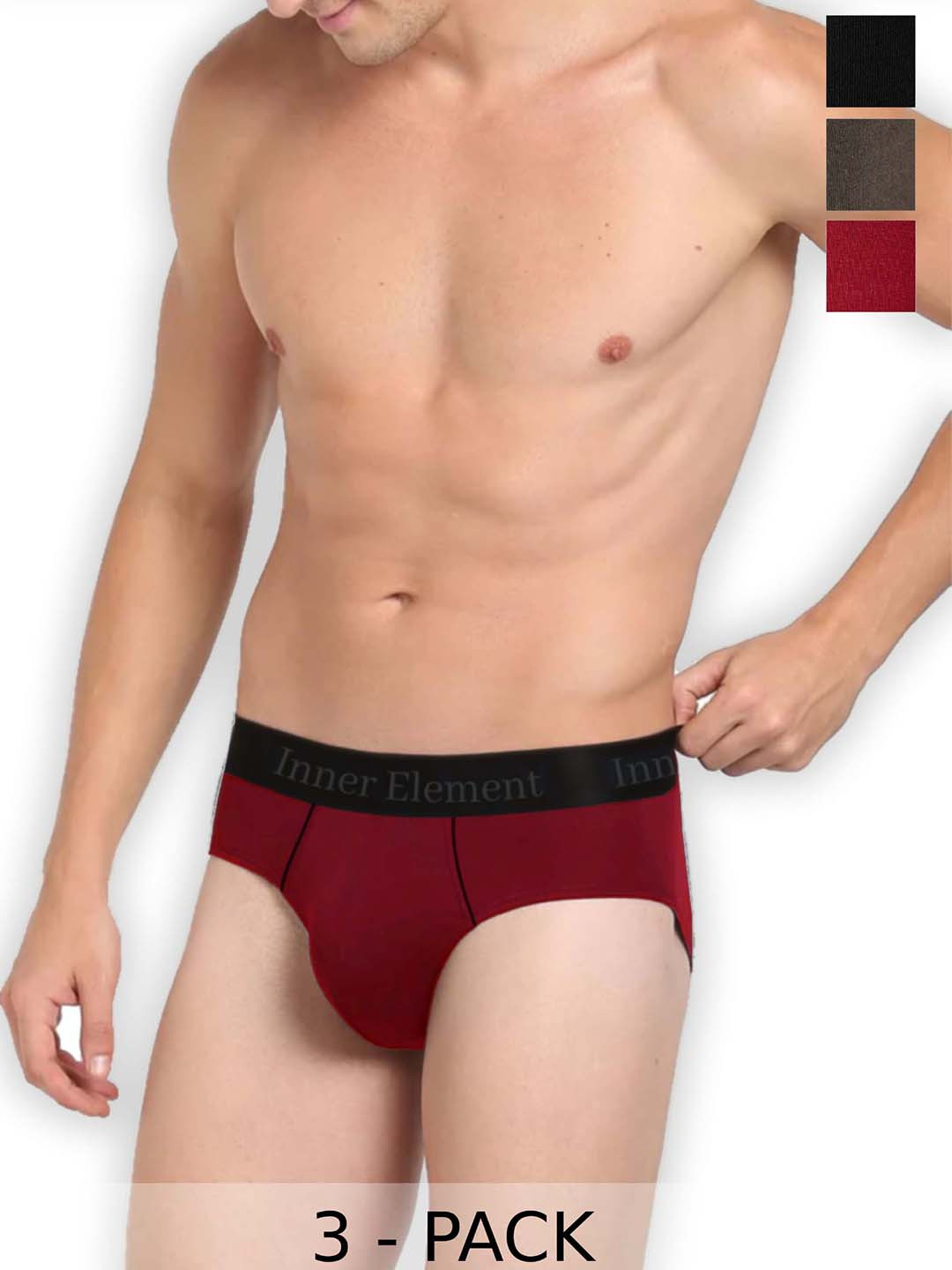 inner element Pack of 3 Cotton Basic Briefs Men_Brief_PP_ Pk3_Maroon_Olive_Black_XS