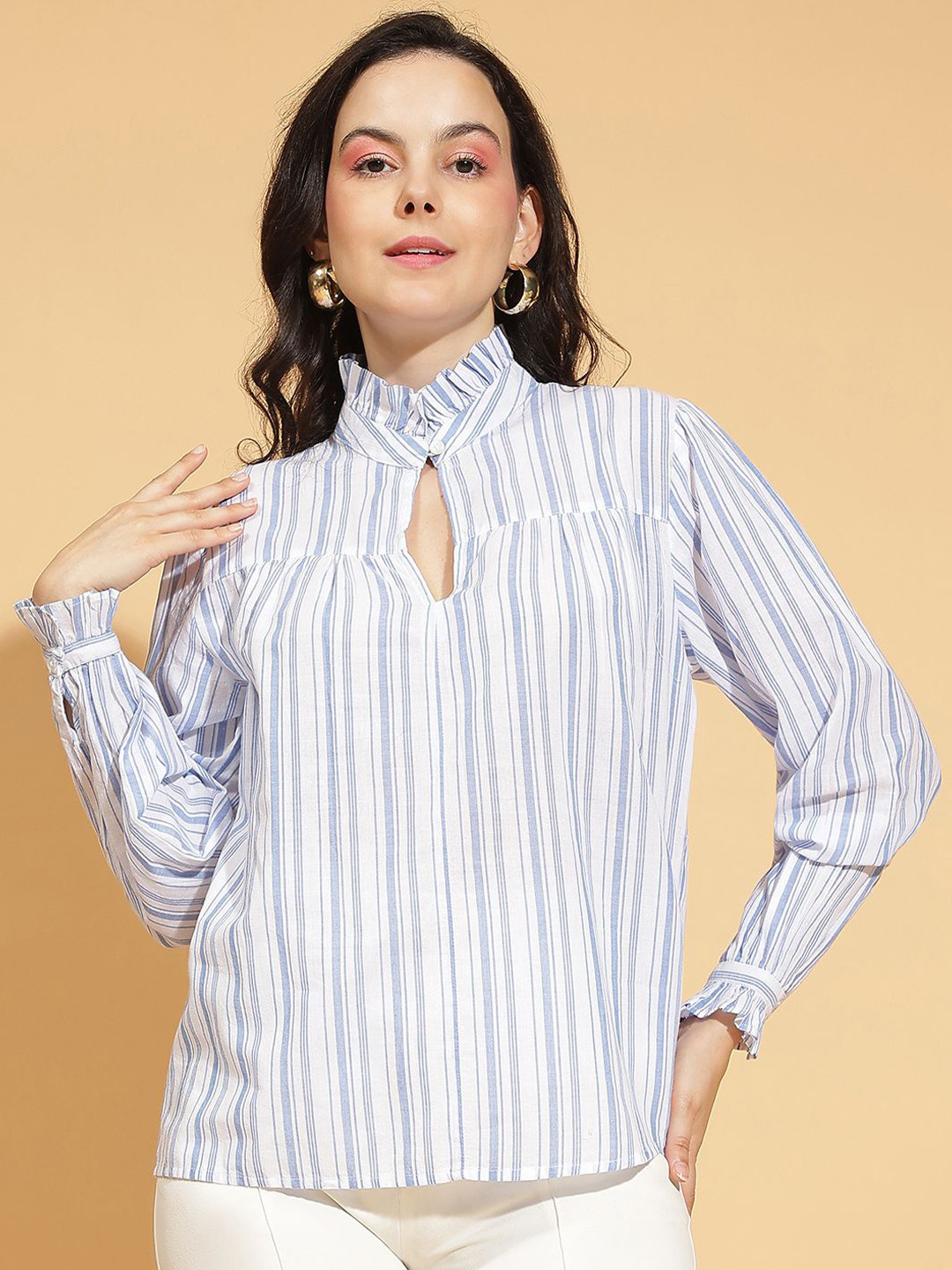 Oxolloxo Women Vertical Striped High Neck Cotton Top