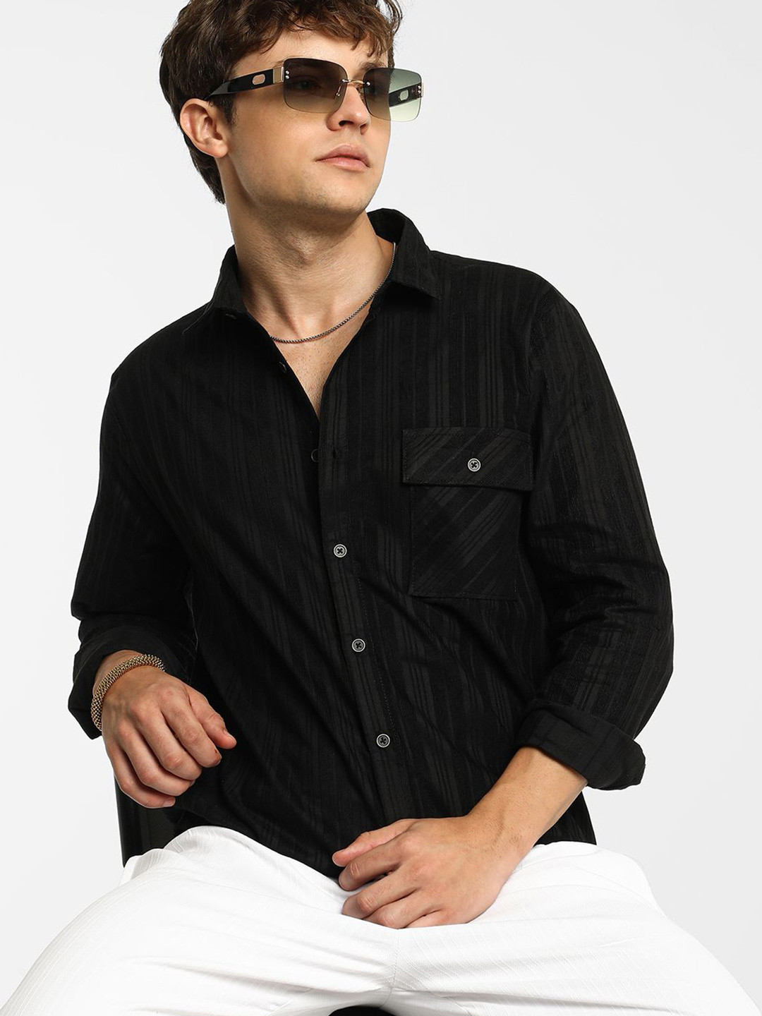 CAHOOT Men Comfort Spread Collar Vertical Striped Polycotton Casual Shirt