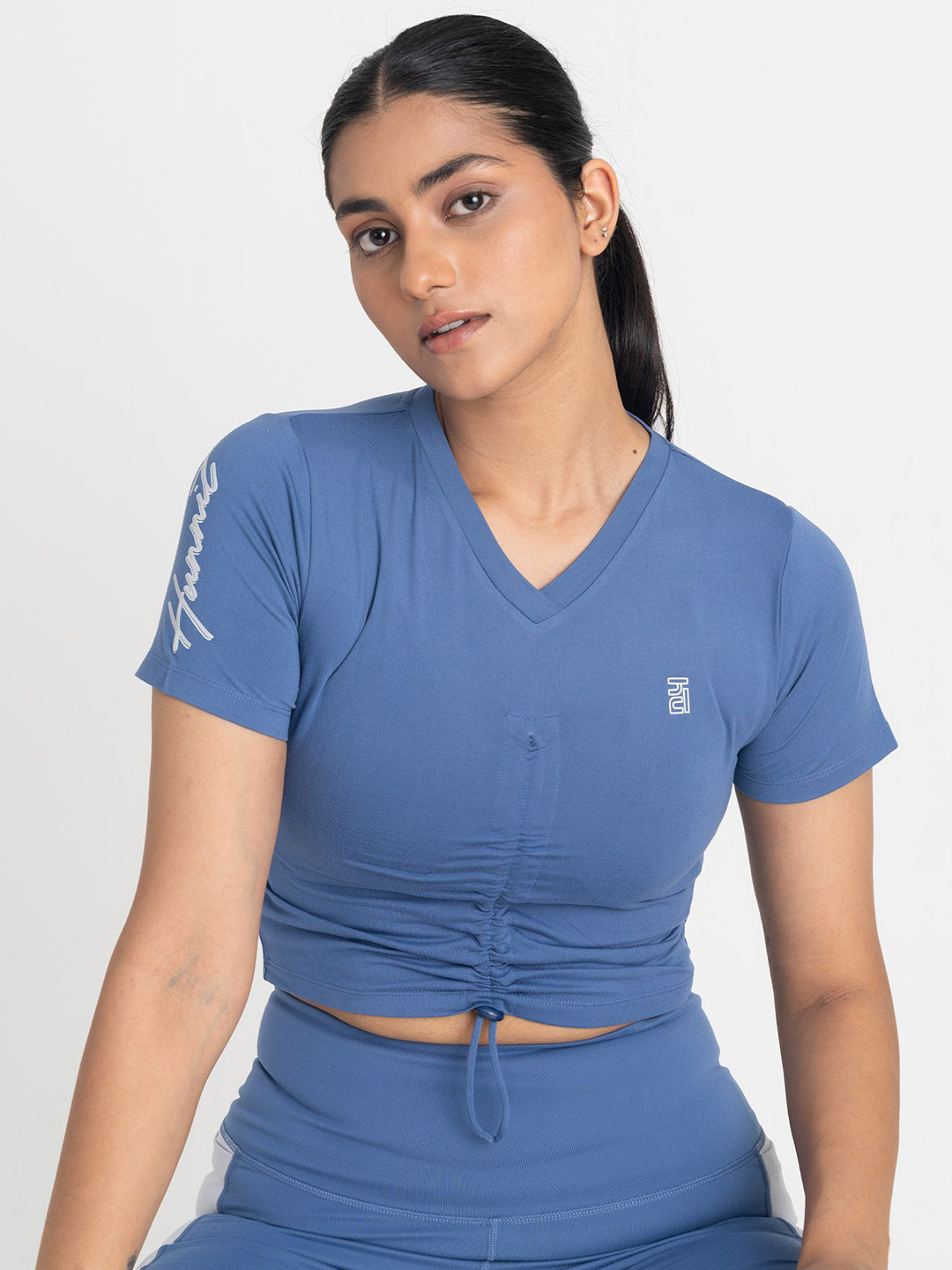 Hunnit Women Epic Pop V-Neck Stretchable Workout Crop Top with Adjustable Waistband