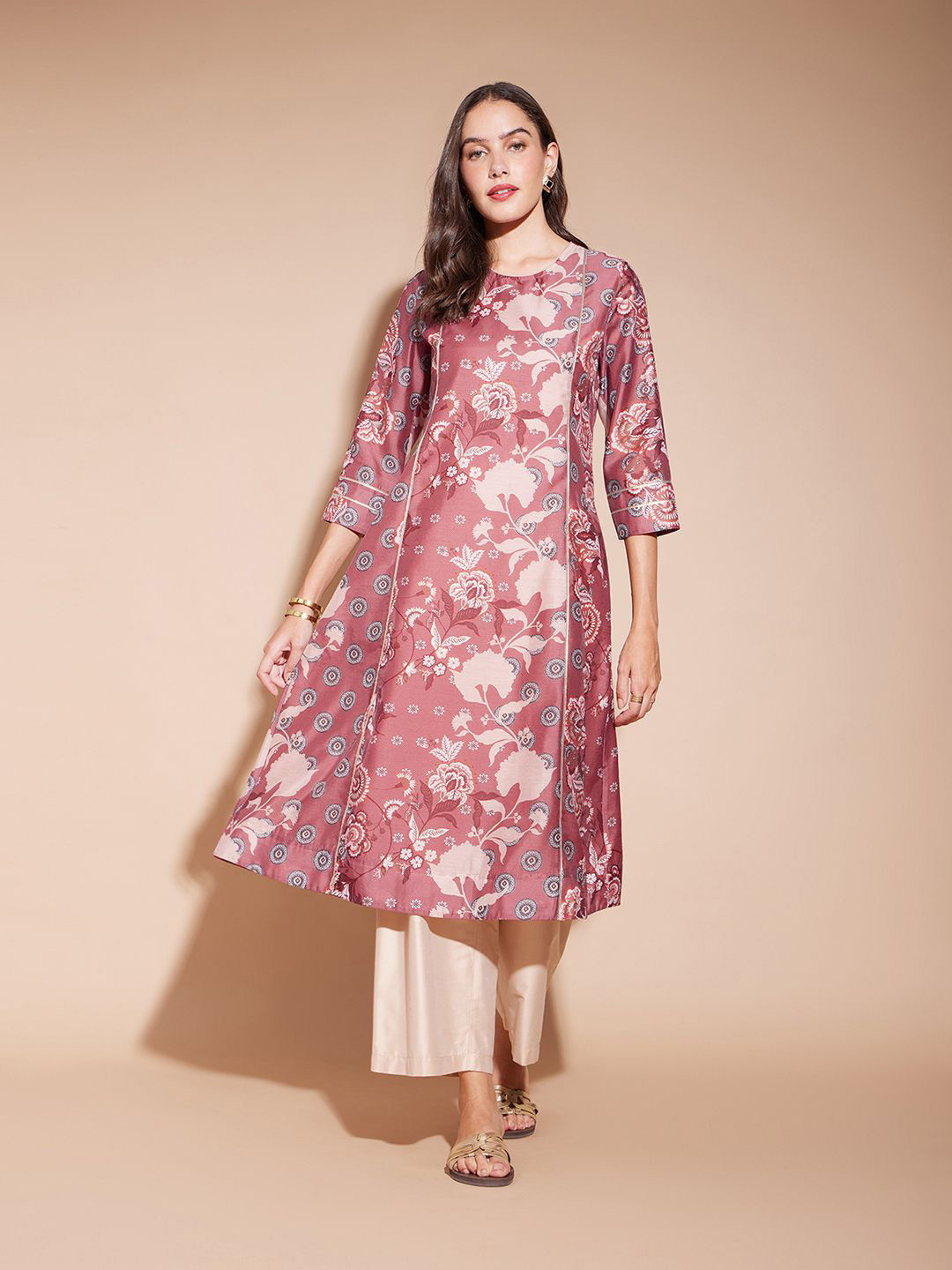 Pink Fort Floral Printed Gotta Patti Panelled A-Line Kurta