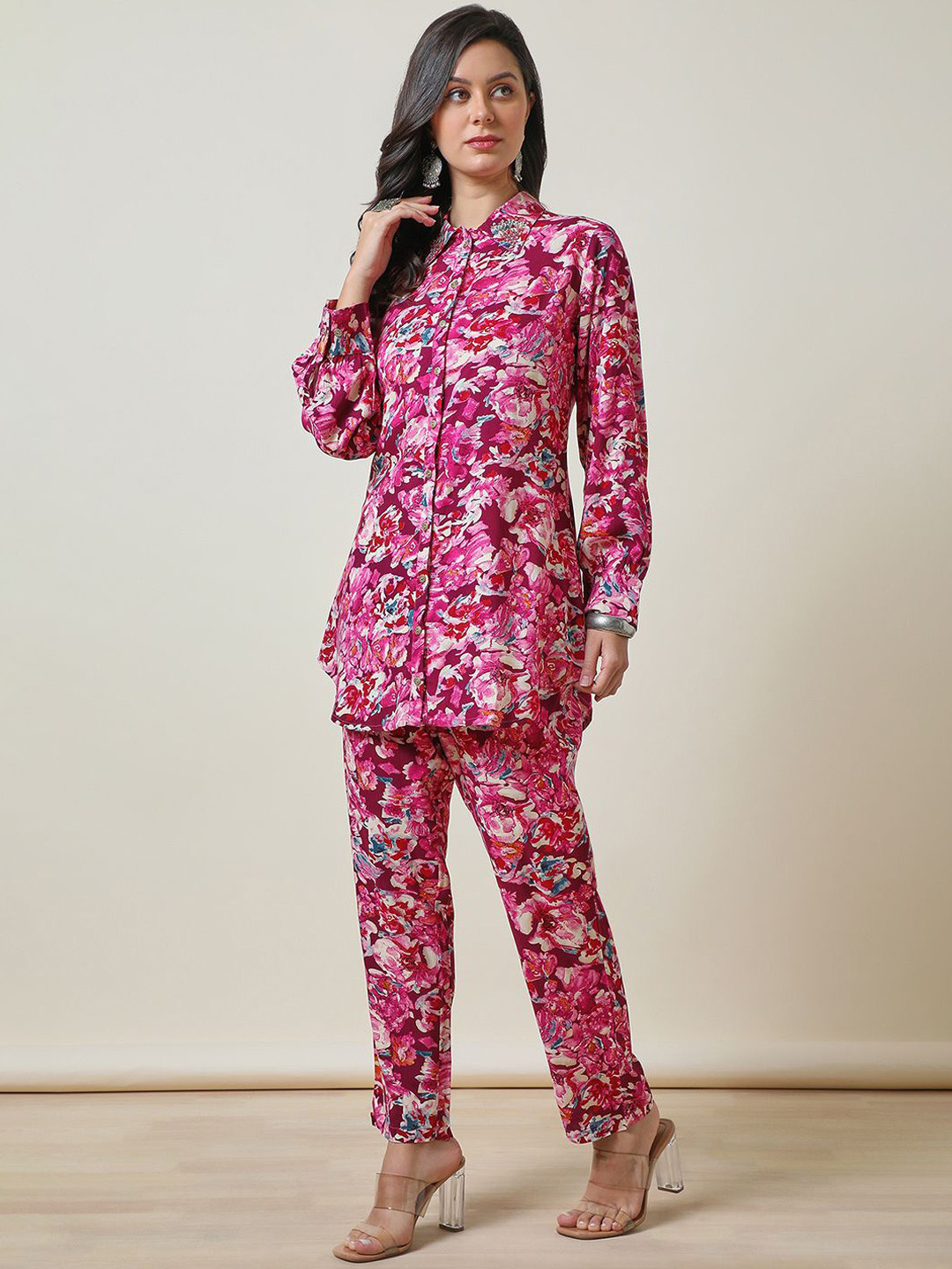Soch Magenta Paisley Printed Beads and Stones Party Shirt With Trousers
