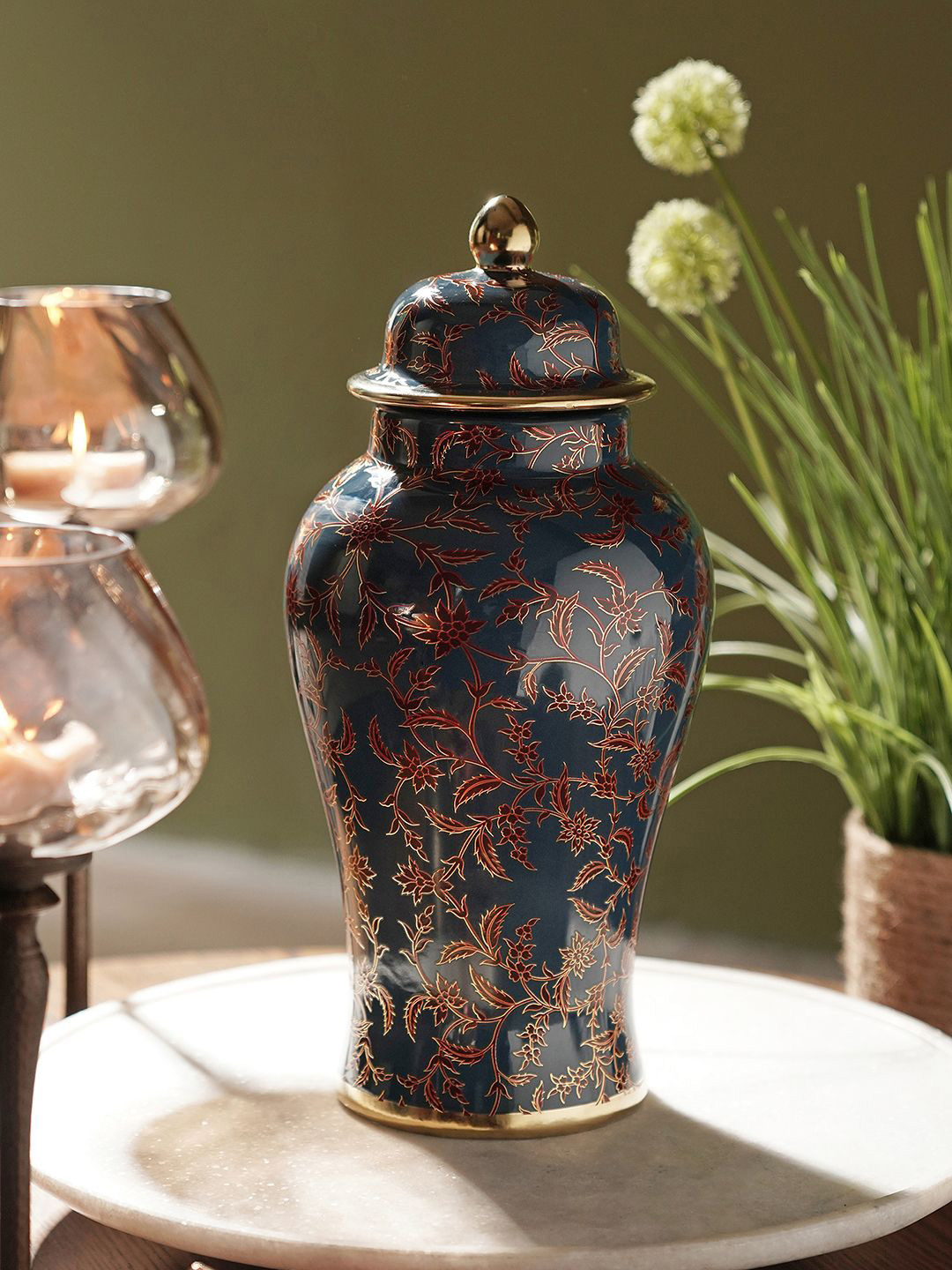 Pure Home and Living Blue Leaf Ceramic Clip-On Canister