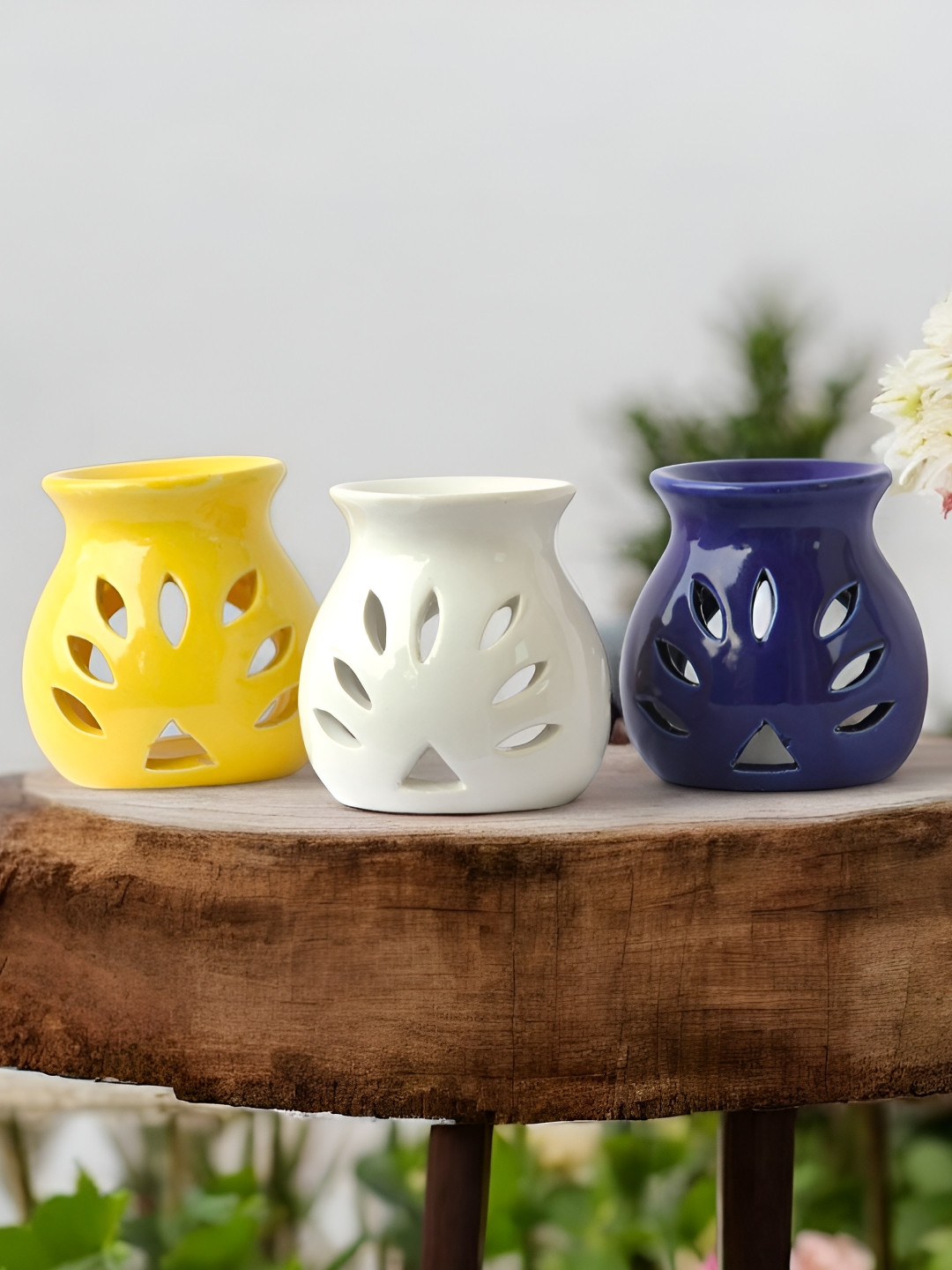 Brahmz 3 Pieces White & Yellow Candle Ceramic Aroma Burner Diffuser Set