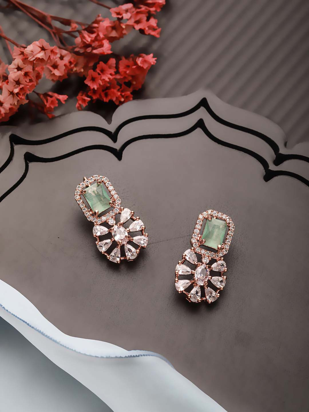Jazz and Sizzle Rose Gold-Plated American Diamond Floral Stud Earrings