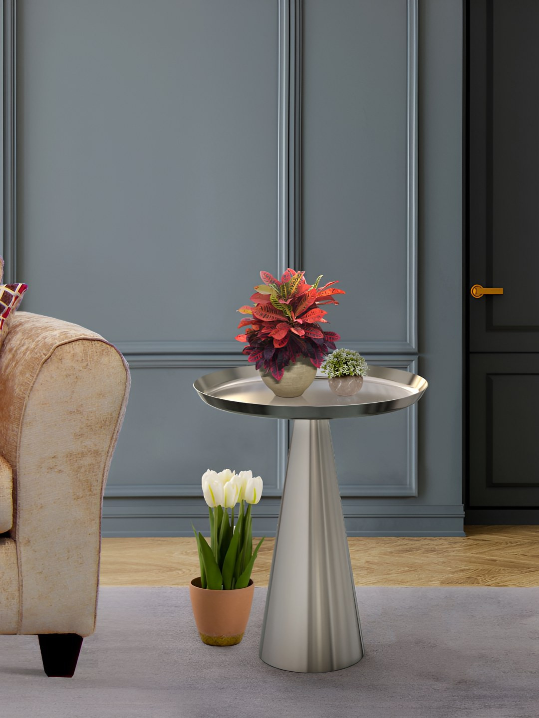 Metalsmith Silver Toned Round Bedside Table