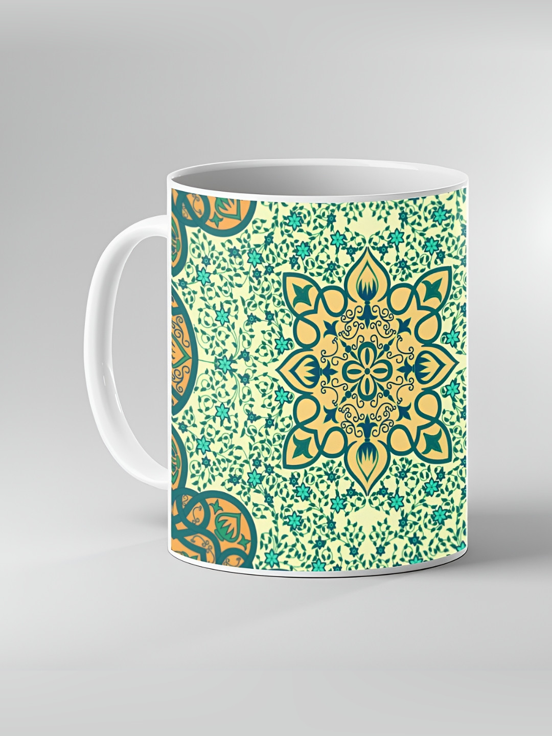 Keviv White & Green Printed Ceramic Glossy Mugs 325 ml