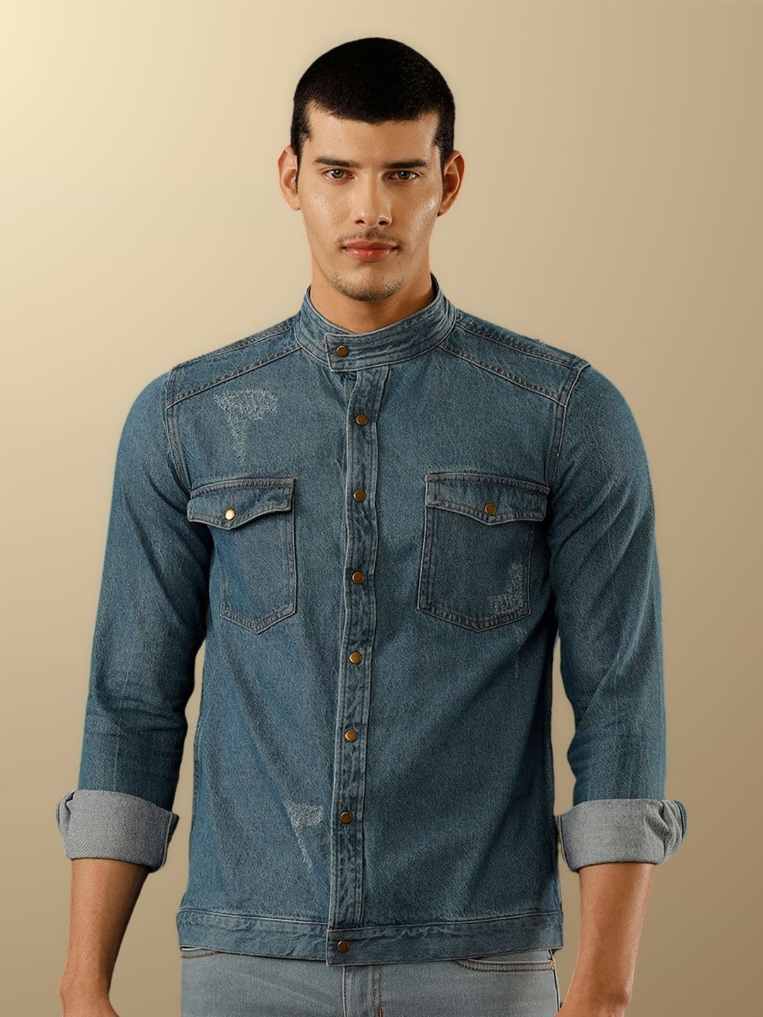 TEMPLE OF DENIM Men India Slim Mandarin Collar Solid Denim Casual Shirt