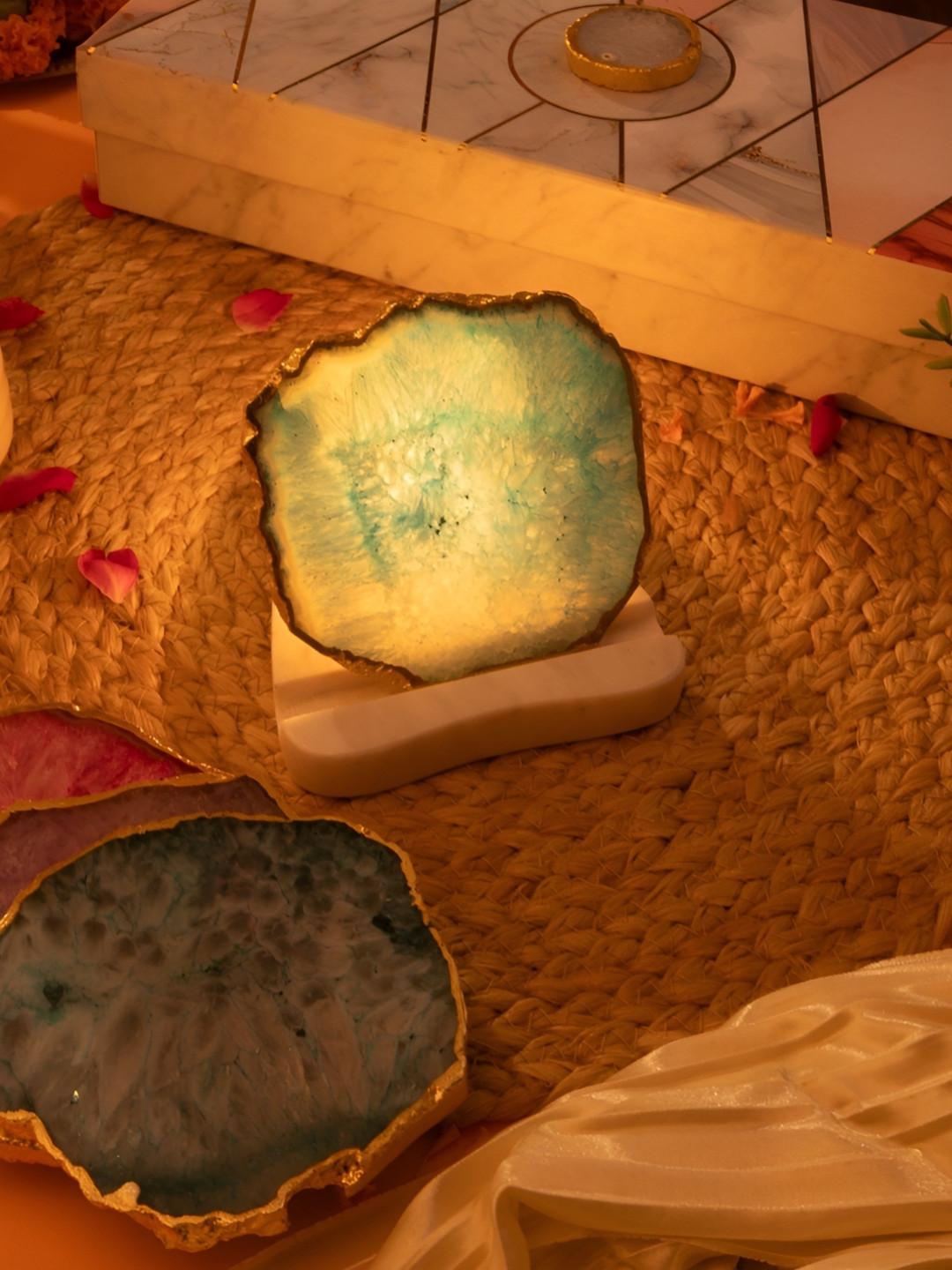 HOMEARTE Turquoise Blue Stone With Marble Base Stoneware Tealight Candle Holder