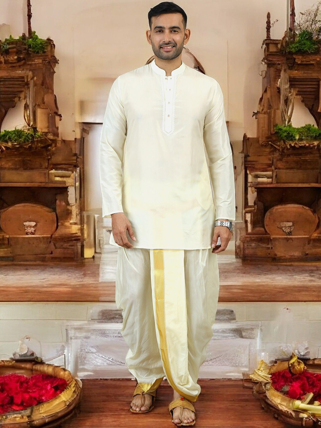 TATTVA Mandarin Colla Regular Zari Kurta With Dhoti Pants & Angavastram
