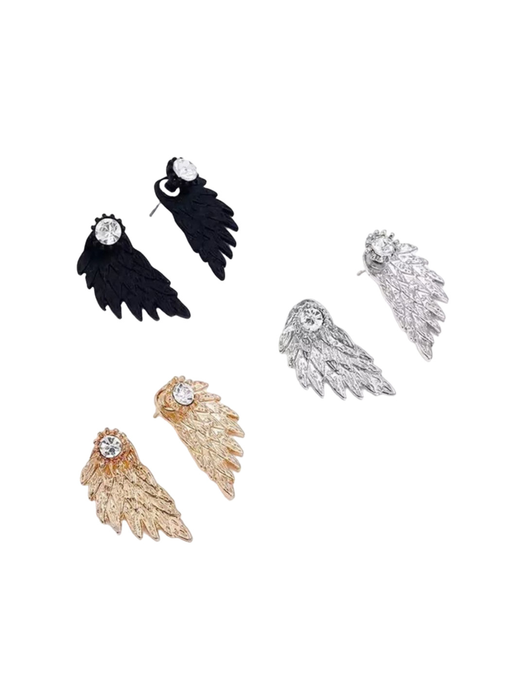 Pinapes Set of 3 Gold-Plated Feather Shaped Crystals Stoned Drop Earrings