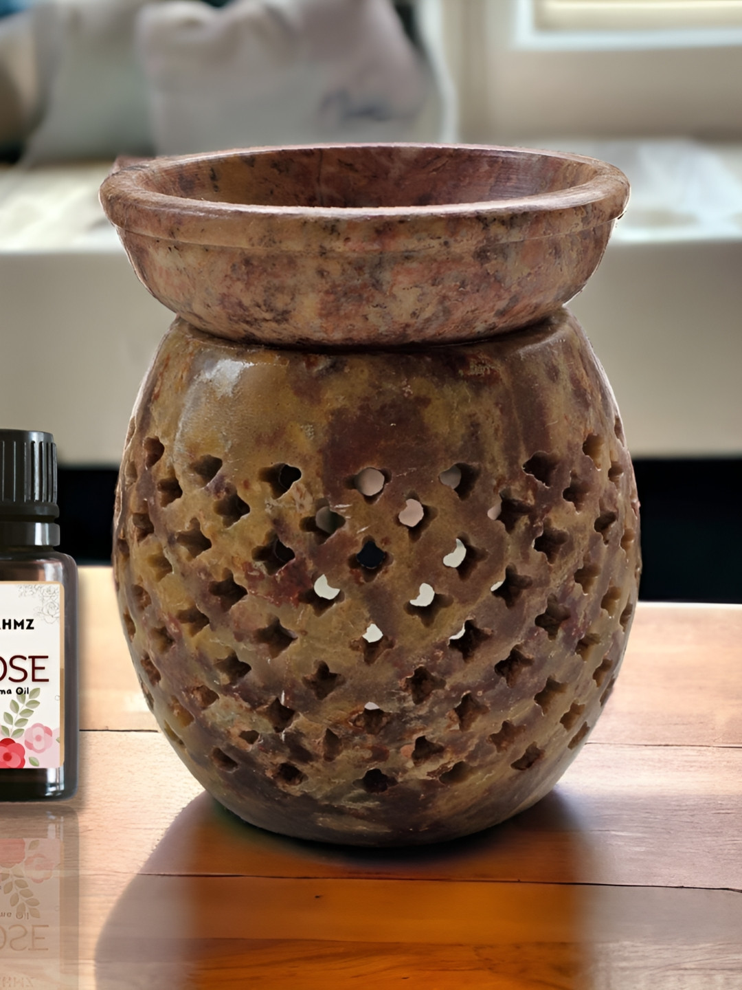 Brahmz Brown 3 Pieces Candle With Tealights And Rose Oil Marble Aroma Diffusers