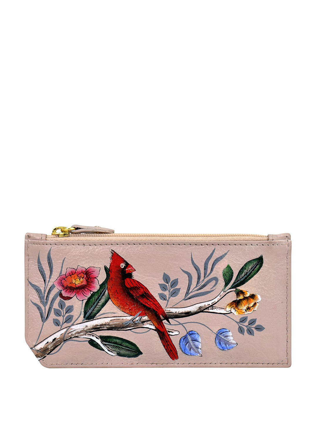 Anuschka Women Cardinal Family Hand Painted Leather Card Case with Coin Pouch