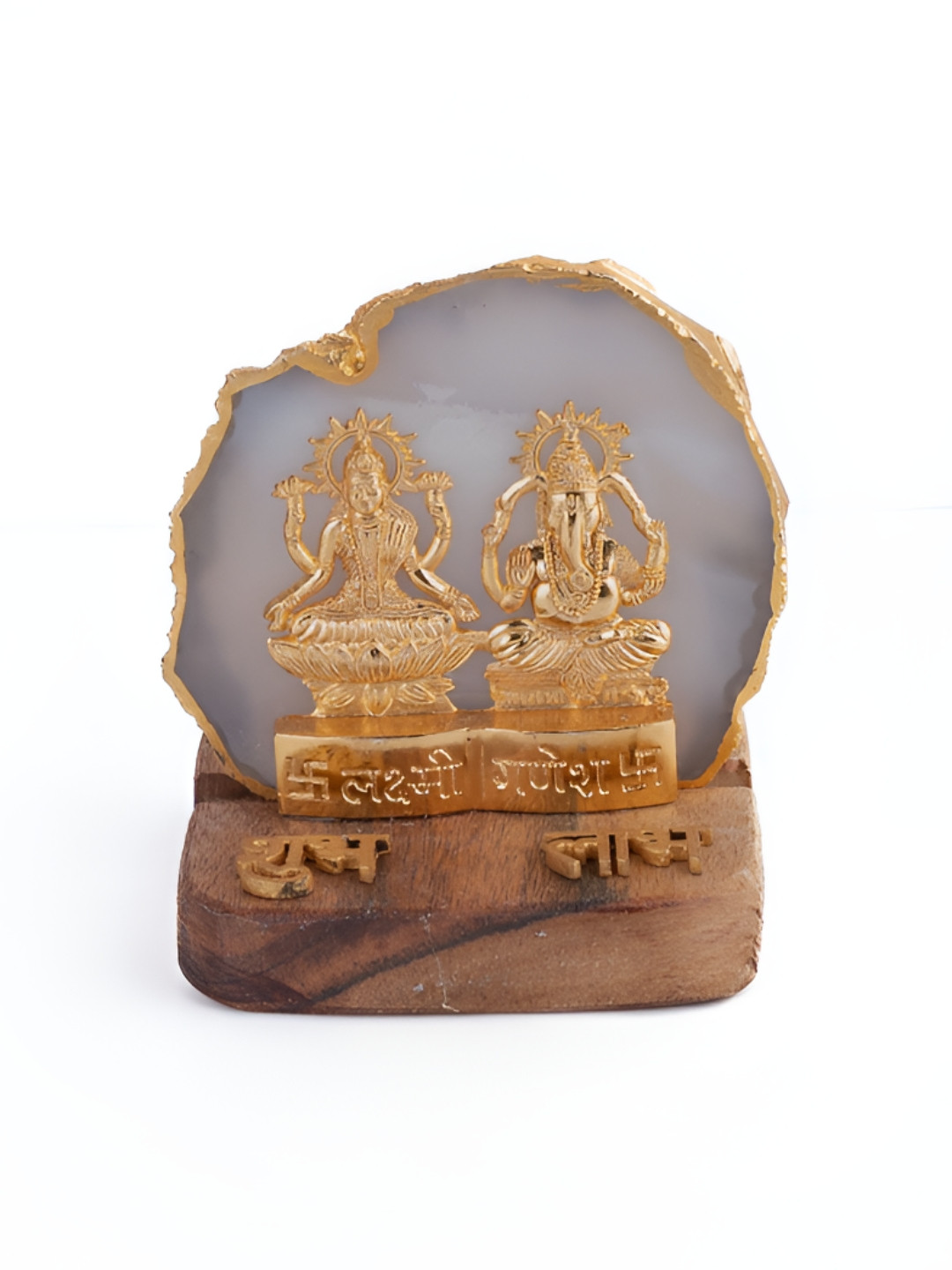 HOMEARTE Laxmi Ganesha with Green Agate and Wooden Base Showpiece Tealight Holder