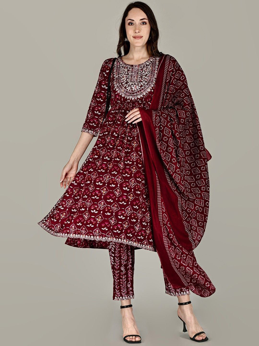 Badrika Floral Printed Thread Work Round Neck High Slit Kurta with Trouser and Dupatta