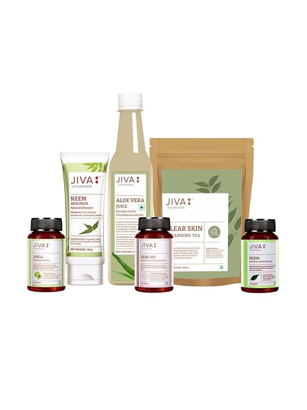 Jiva Set Of 6 Neem- Skin Fit & Amla Tablets- Neem Mud Pack & Aloe Vera Juice