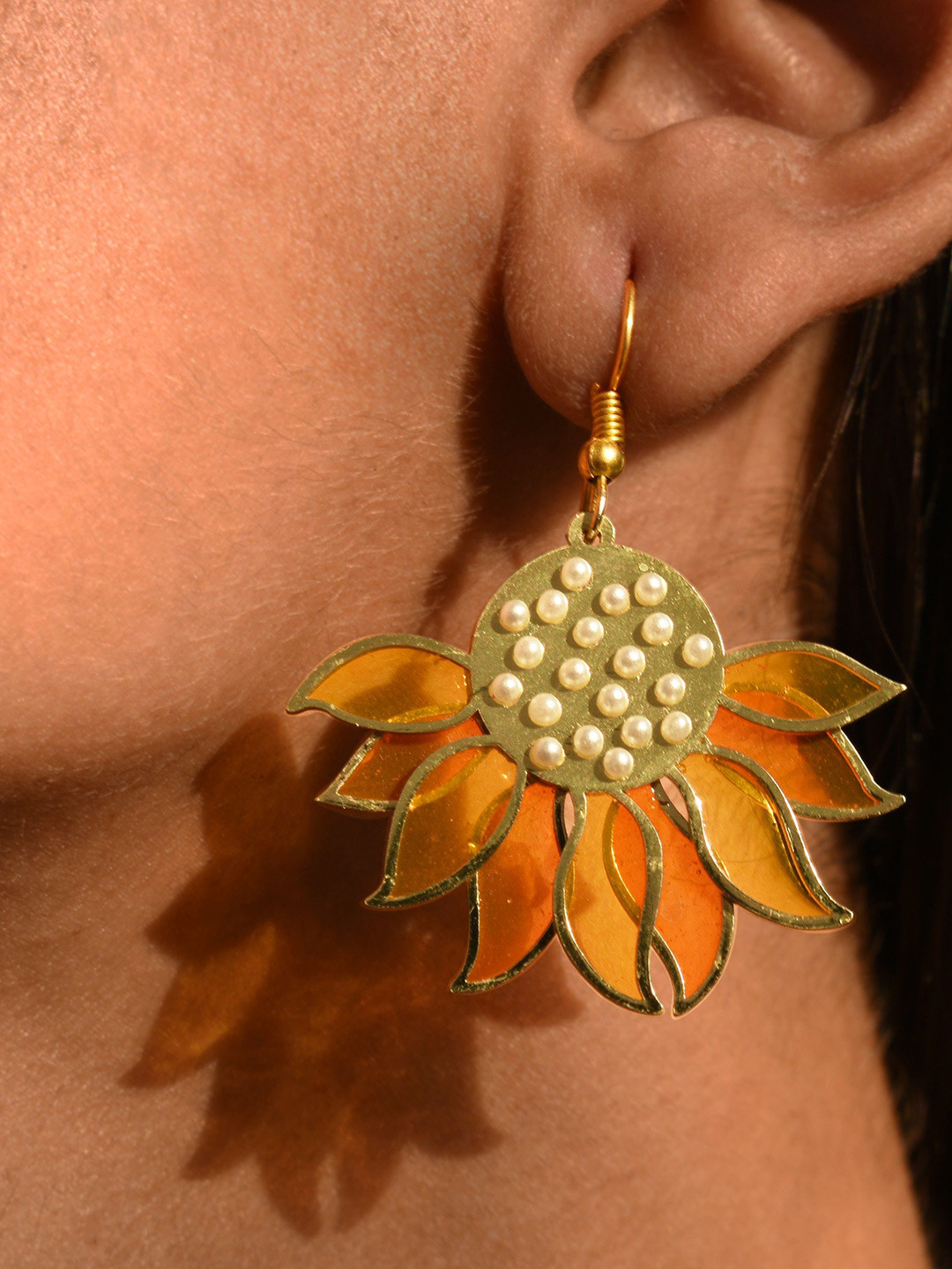 BeAbhika Gold-Plated Stainless Steel Beaded Sun Flower Drop Earrings